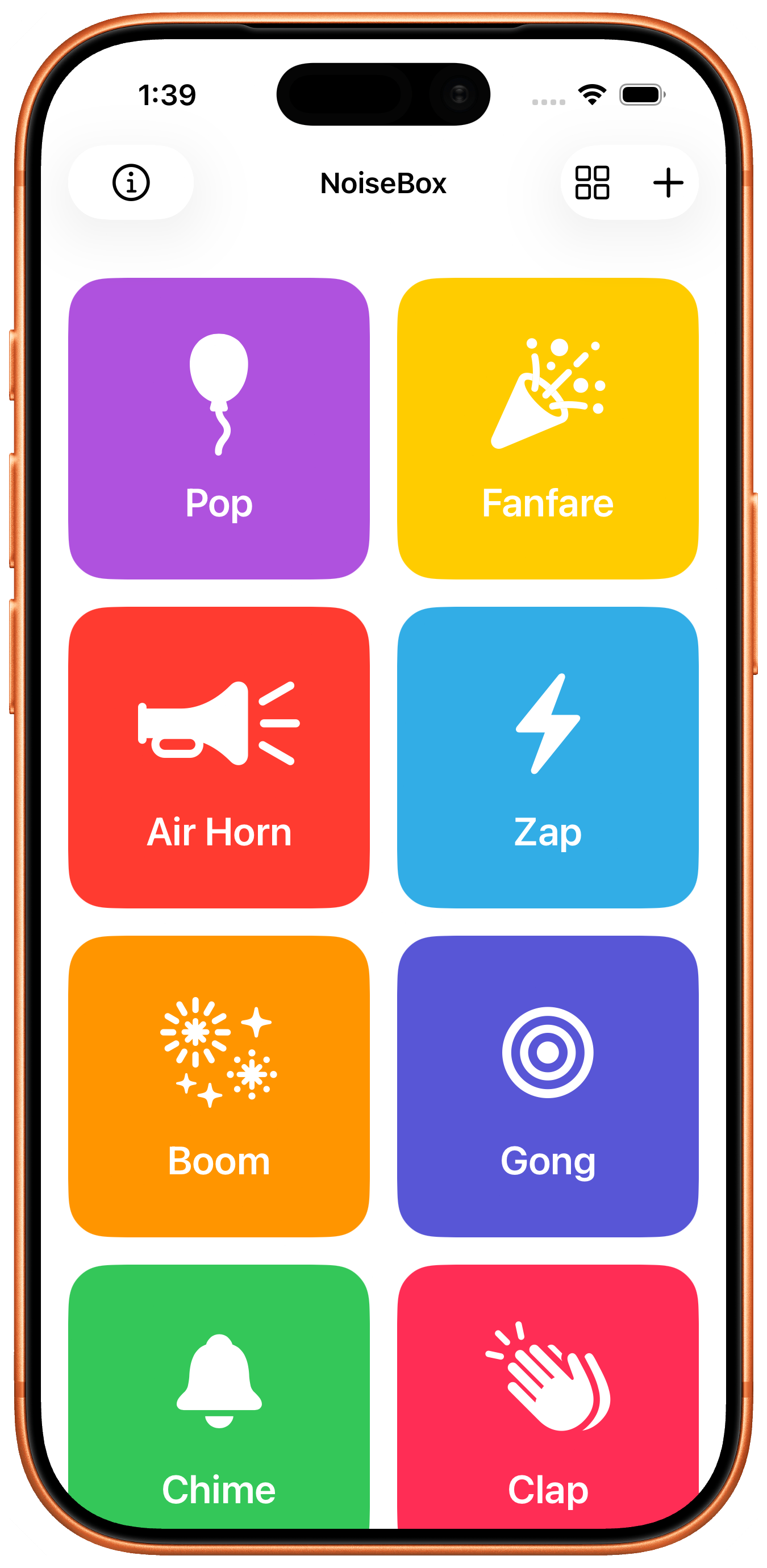NoiseBox on iPhone — soundboard grid